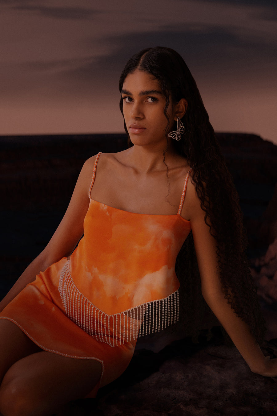 MARY THE SILK MINI SKIRT IN THE ORANGE CLOUDS PRINT